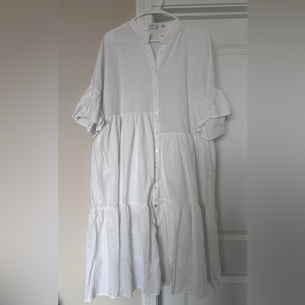 Petal and Pup Cadagon White Button-Down Ruffle Dress